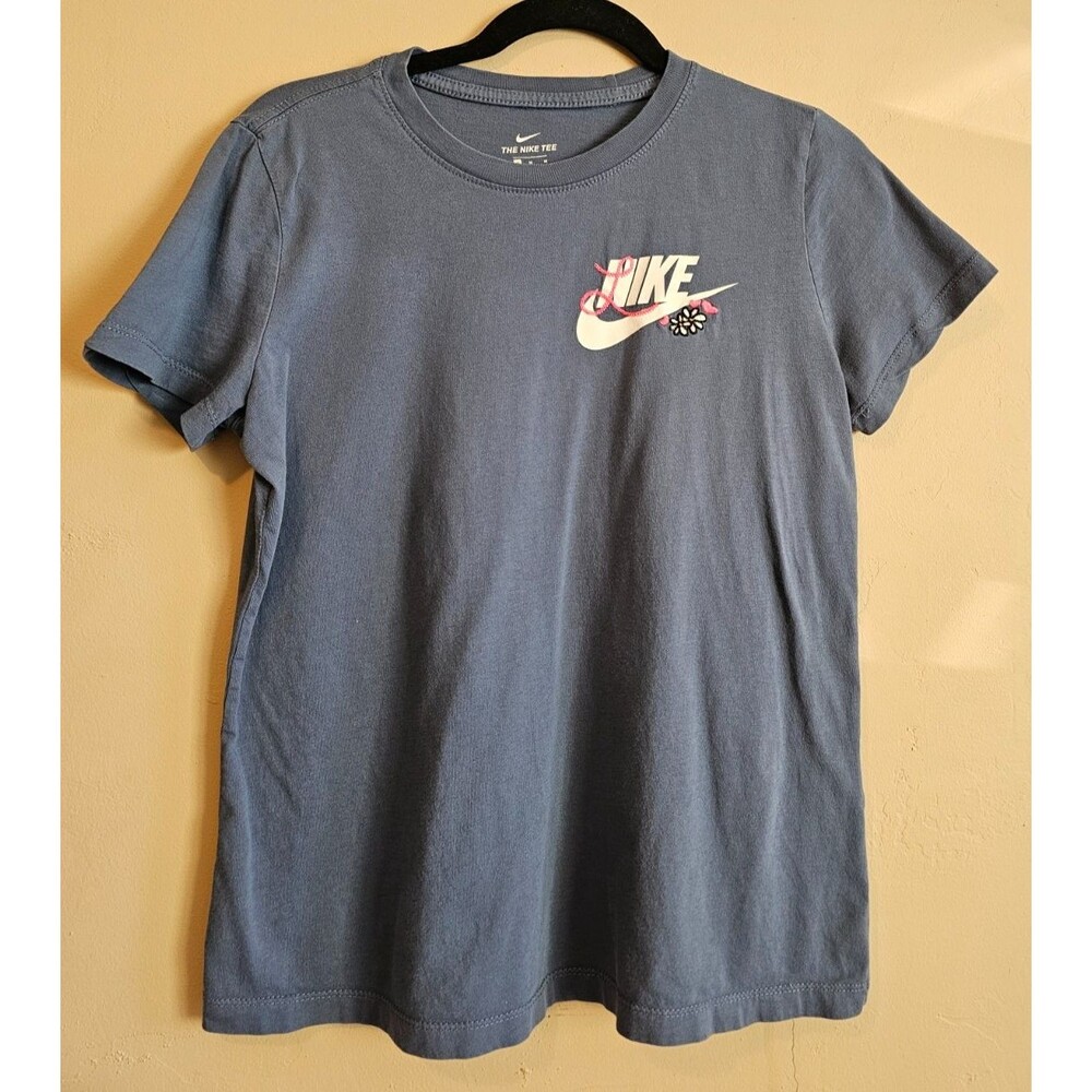 NIKE GIRLS Size Medium blue Short Sleeve embroidered logo "Like"